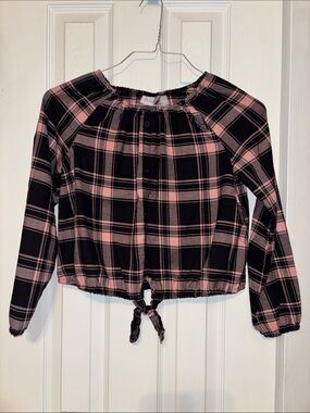 The Children's Place Black & Pink Plaid Tie-Hem Blouse